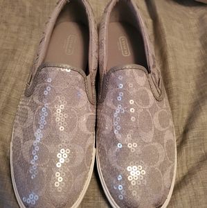 Coach Womens Signature Kivy Sequin Slip On Sneakers Gray Size 9.5 Coach Logo
